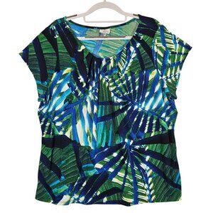 Worthington Blouse Womens 2X Bold Colorful Tropical Leaf Pleats Top casual flowy